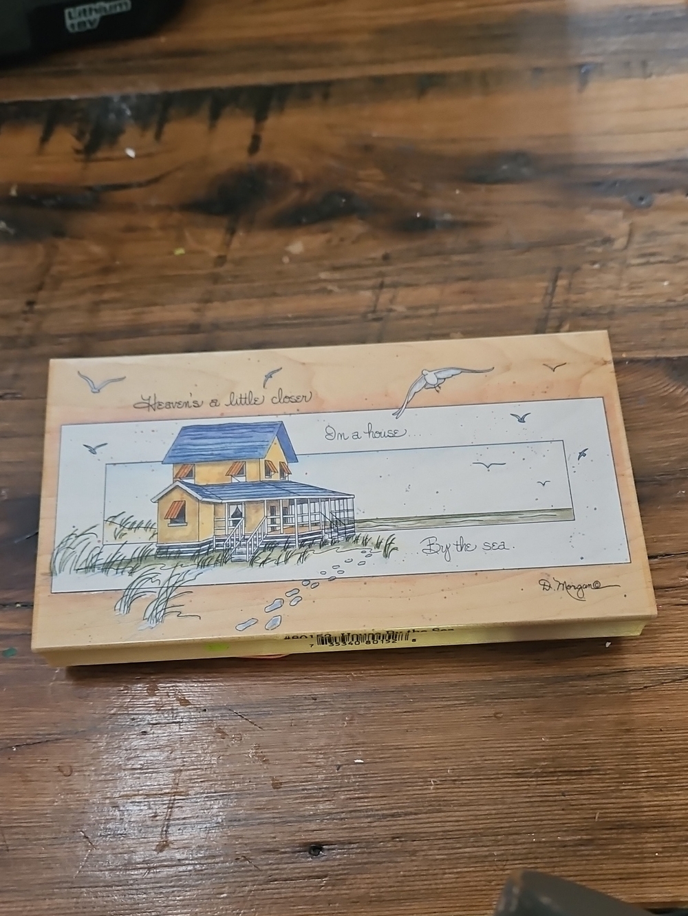 Seaside Cottage Decorative Wooden Box - Yellow and Blue Large Rubber Stamp
